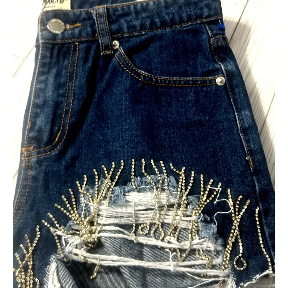 NWT Denim Blvd Bedazzled Distressed Bling Dark‎ Denim Shorts Blue Size SMALL